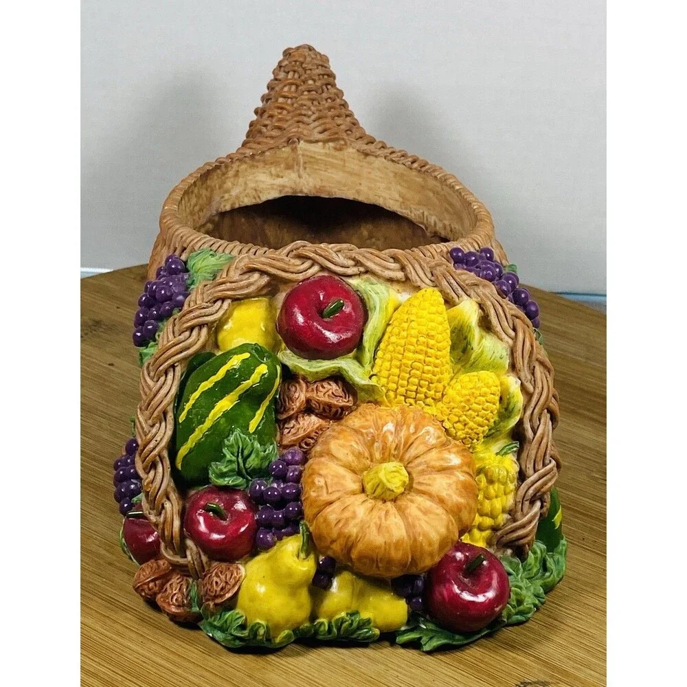 Vtg Colorful Cornucopia Hard Poly Tabletop Fruits Vegetable Thanksgiving Deco